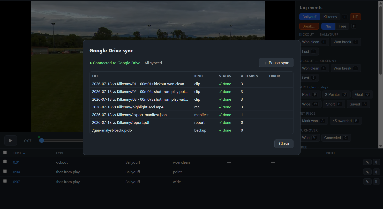 Google Drive sync window showing clips, highlight reel, report PDF and database backup all synced